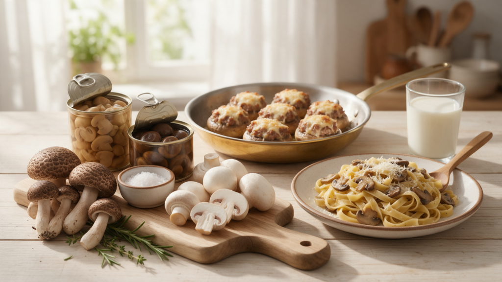Tipos de setas comestibles como boletus, níscalos, champiñones y setas de cardo